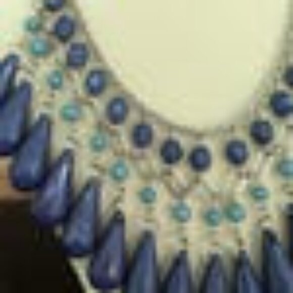 Blue Teardrop Beaded Necklace, Chunky Statement Necklace, Layered Navy Jewllrey - Picture 7 of 8